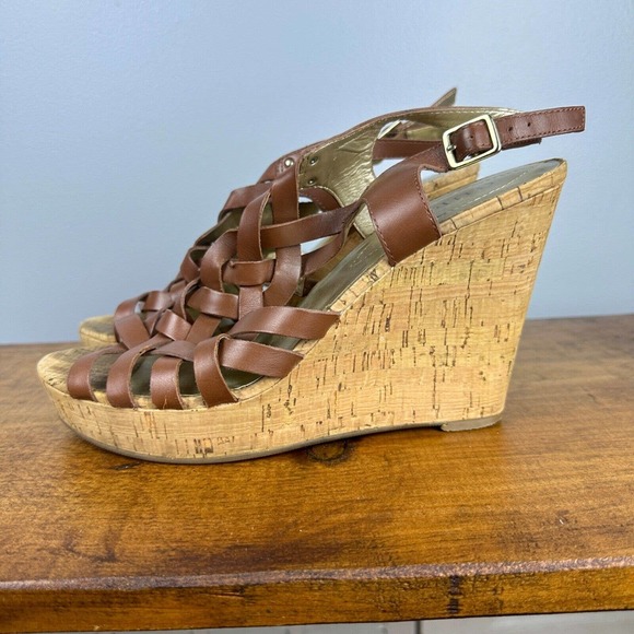 Guess Shoes - Guess Brown Eppie Wedge Leather Sandal Cork Heel Women's Shoes - Size 9M